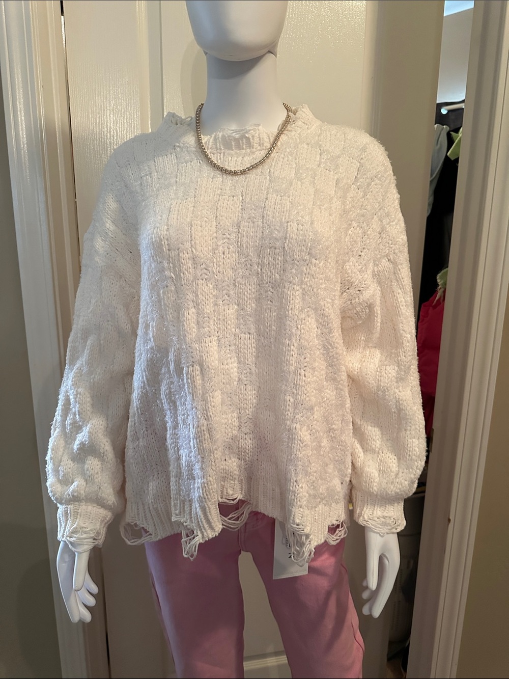 POL Round Neck Long Sleeve Solid Weaving Sweater Cream